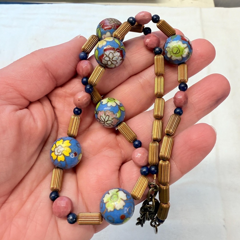 Artisan Vintage Cloisonne Lapis Rhodonite Gemstone Brass Bead Necklace 20" OOAK - Picture 2 of 6